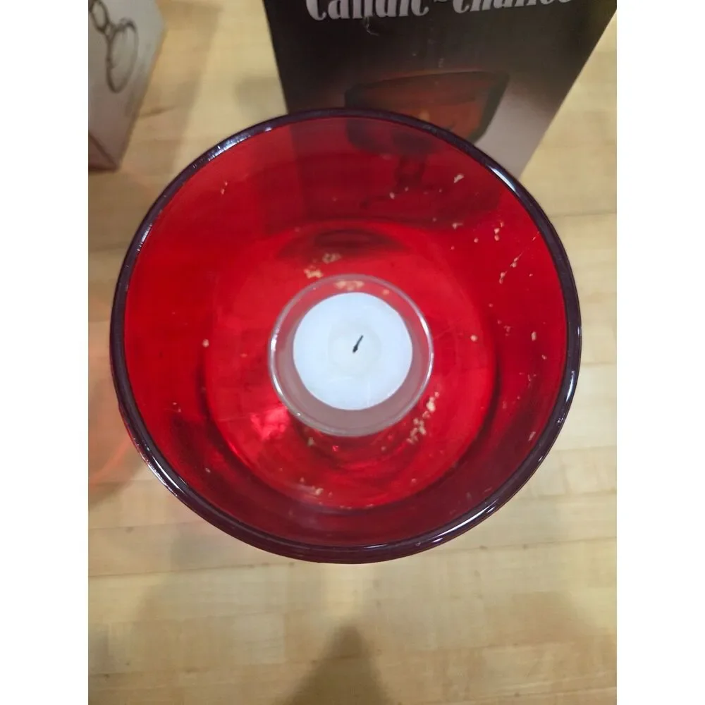 Vintage Indiana Glass Coupe Chandelier Ruby Red Candle Chalice Set of 2 Boxed